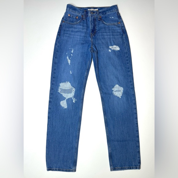 Levis Women’s Low Pro Straight Leg Distressed Blue Jeans Size- 24 - Picture 1 of 10